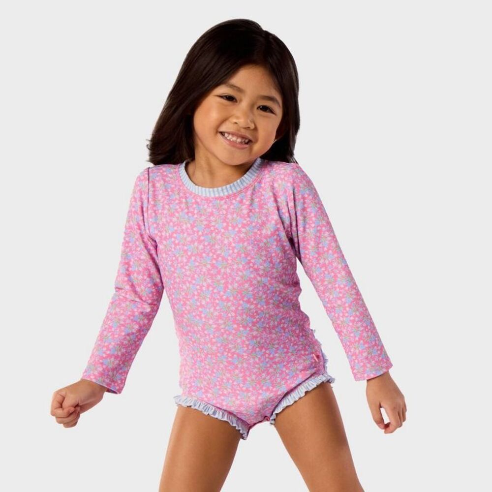 Baby Girls' Ditsy Floral Long Sleeve One Piece Rash Guard Swimsuit - Pink 12M